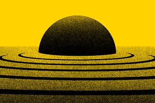 An illustration of a black semi-circle resembling a setting or rising sun against a bright yellow background. The semi-circle is surrounded by concentric black rings that gradually fade into the yellow background, creating a ripple effect.