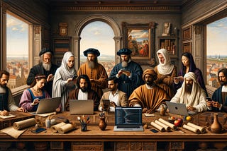 A renaissance painting depicting a team of engineers, QA, Analysts, Designers and Product Managers reviewing apps in their laptops and mobile phones.