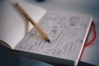 A close up of a notebook with design sketches and a pencil.