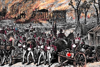 A 19th century painting depicting the burning of the White House during the War of 1812. The white Xes on the soldiers’ uniforms have been replaced with white Canadian maple leaves.