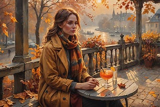 Woman sits on an outside terrace with an orange-colored cocktail on the table in front of her, and in the background a city scene with buildings, cars and a river. Nature around has autumn colors.