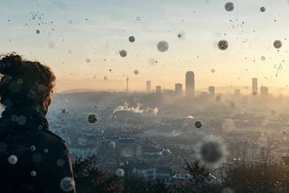 Silhouette of a person overlooking a hazy cityscape with floating microscopic particle-like structures symbolizing ultrafine air pollution and environmental health risks.