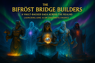 A digital artwork in high-fantasy Norse style featuring a glowing aurora sky above a cosmic landscape. At the center stands a monumental stone statue with glowing rune markings, partially embedded in a cracked black crystal base. The scene is illuminated by soft rainbow light, evoking the Bifröst bridge. Above, in large Viking-style lettering, the title “Bifröst Bridge Builders” appears across two lines, glowing with a mystical golden hue. The artwork combines mythic grandeur with futuristic vau