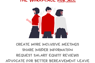 Image with the message I strive to strengthen the workplace for all. Create more inclusive meetings. Share insider information. Request salary equity reviews. Advocate for Better bereavement leave. There’s an illustration of three people representing different gender and racial identities. Along the bottom of the graphic is the @BetterAllies handle and credit to @ninalimpi for the illustration.