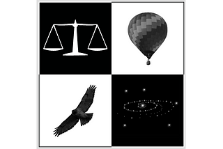 four images: the scale of justice, a hot-air balloon, a hawk, & a galaxy