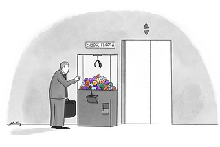 A cartoon of a person using a claw machine to use an elevator