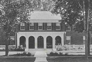 Black and white photo of a green mansion in Brandon, Vermont owned by Shirley Farr during the years she funded the Vermont Eugenics Survey.
