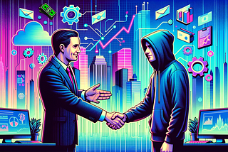 Salesperson and Engineer Handshake in Pixelated City,’ digitally generated by OpenAI’s DALL-E, January 17, 2024