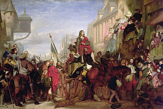 Painting in the National Galleries Scotland collection showing crowds of people lining the street, some apparently weeping, as Montrose if carried on a cart to the gallows