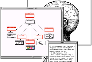 A screenshot of Patchwork girl showing multiple overlapping windows, some with text and some with a diagram of linked nodes.