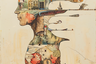 A surreal mixed-media illustration of a person’s profile, shown from chest up, facing left. Their head and body are filled with a collage of architectural drawings, vintage maps, buildings, and faded sepia-toned imagery. Birds fly from and around the figure’s head, and a long curving line extends outward from the head, dotted with abstract objects and small illustrated elements. Near the chest area, two small painted faces of children peer out from within the collage.