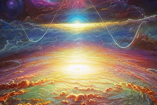 Energy lines traveling through space with a world, rainbow colored and cloudy, beneath it.