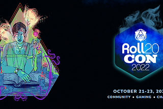 A spooky illustration of a person reading a book surrounded by ghosts and purple swirls as a dice floats in their hands. The artwork is within a triangle while the ghost heads fly outward. To the right is the Roll20Con2022 logo in blue with ‘October 21–23, 2022 Community, Gaming, Charity’