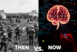 On the left is an old black and white of a civil war scene, and on the right is an image of a digital rendering of a human brain with computer output in the background.