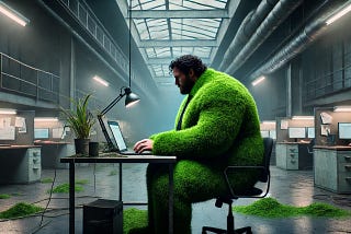 Image of a large man in an industrial office setting, covered by fake grass — also called Astroturf