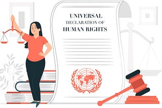 Woman holding up scales with a copy of the Universal Declaration of Human Rights laid out next to her.