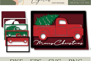 Christmas Tree Card Winter Farmhouse Truck Holiday Card Little Red Truck Rustic Christmas 3d SVG Layered Digital Cut File