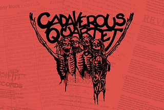 Early version of Cadaverous Quartet logo with four corpses huddled together singing which overlays a texture created from letters and magazine articles