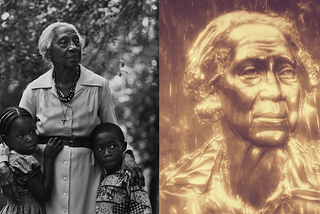 The left-hand half of the picture shows a photograph of Ruby Middleton Forsythe, also known “Miss Ruby,” an African-American woman, with gray hair, who is standing outside, in front of a tree, lovingly hugging two young African-American students. The right-hand half of the picture shows the gold-bronze surface of a relief sculpture, created by the sculptor Frederick Hart, which is a sculpted portrait of Miss Ruby.