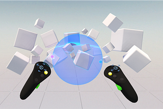 First person view of a user creating a sphere with his controllers to select multiple cubes in a virtual reality environment