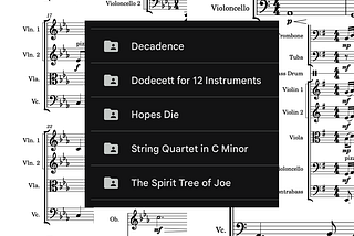 A collage containing multiple scores, with the score names listed on the middle.