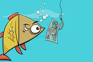 A cartoon fish being baited with a $100 dangling from a hook
