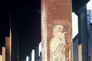 Engraving of Ancient Greek Cynic philosopher Diogenes holding a lantern, on a pillar.