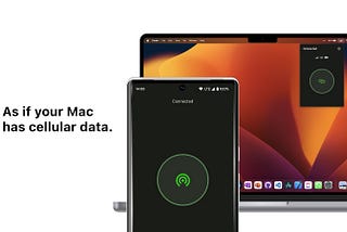 Cellular feature banner showing an Android phone connected to a Mac. Caption stating “As if your Mac has cellular data”.