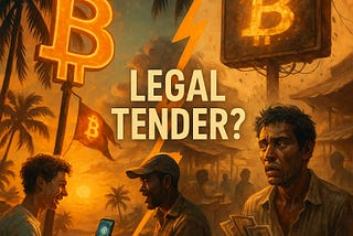 Split image showing vibrant Bitcoin Beach in El Salvador and dusty Bangui market in CAR, highlighting Bitcoin’s contrasting adoption stories.