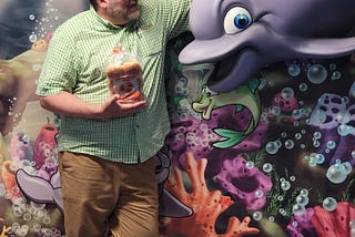 I’m chilling with my pal Porpy the porpoise, the mascot of the children’s area.