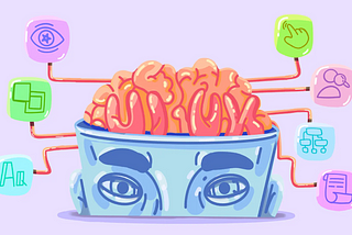 Illustration of a human portrait with an open brain displaying different decision making items