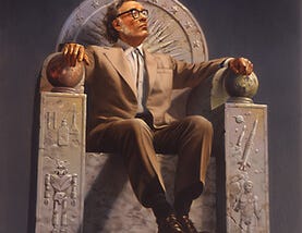Author Isaac Asimov sitting in a large stone chair.