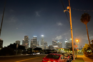 A 5 AM DTLA landscape photo featuring a dark sky, lit city buildings, and a lone palm tree.