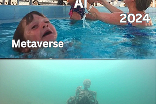 Mother (2024) playing with daughter (AI) in a pool while son (Metaverse) struggles for breath. At the bottom, a skeleton (Web3) is strapped to a chair.