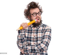 Crazy thoughtful bearded Man in plaid shirt with funny Haircut in eye Glasses holding Big Pencil — ponder and dreaming, isolated on white background.