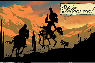 Two silhouetted characters gallop against a mountain sunset background. One is a cowboy, the other a skeleton riding a skeletal horse.