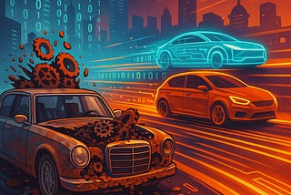 IMAGE: An old rust-covered sedan and hatchback crumble into gears while sleek, neon-outlined electric cars race past on a luminous, data-streamed highway