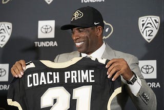 Deion Sanders with his “Coach Prime” University of Colorado jersey.