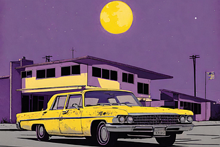 A yellow, two-door car parked outside of a motel in the background, and the yellow moon hung in the purple sky.