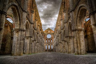 ruins of an old church against the sky. Nostaliga