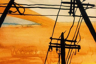 A painting of electricity poles under a sunset, by the artist Barka