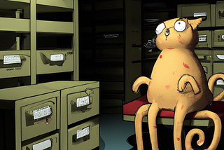 Decorative cartoon of cat with octopus tentacles surrounded by many filing cabinets