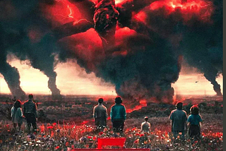 Groups of young people watch from far as a huge spider creature destroys the world in Stranger Things promotion. Duffer Brothers, writers, directors, producers, Netflix, entertainment, news, Boroughs, pop culture, science fiction, writing, film, Duffer brothers go to Paramount, Hollywood, Stranger Things creators Matt and Ross Duffer, ending of Stranger Things. Streaming, what to watch, Season 5 Stranger Things
