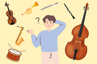 Cartoon style collage image of a confused looking person surrounded by various musical instruments.