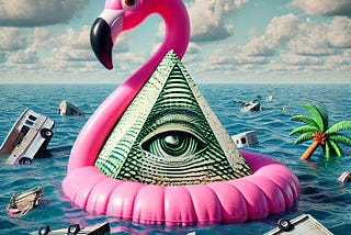 A giant pink flamingo merged with the eye and pyramid floats on a sea of wreckage.