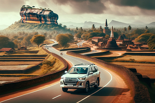 An SUV traversing the historic road from Sigiriya to Polonnaruwa in Sri Lanka, with the Sigiriya Rock Fortress visible in the distance. The road winds through landscapes rich in cultural heritage, symbolizing a journey through Sri Lanka’s ancient history
