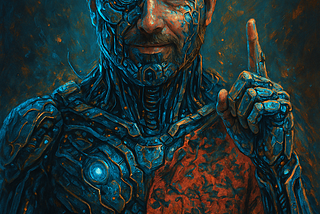 A digital painting of a man with a beard and confident expression, partially transformed into a cybernetic humanoid. The left side of his face and body features glowing blue circuitry and robotic plating, while the right side remains human, wearing a red patterned shirt. He is raising one finger, emphasizing a point. The background is a moody, textured blend of teal and orange tones.