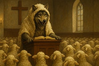 A wolf disguised in sheep’s clothing stands at a church pulpit, preaching to a congregation of sheep. A large cross hangs on the wall behind, and sunlight filters through a tall stained-glass window. The image is a symbolic representation of covert narcissism — manipulation hidden beneath kindness, authority, or spiritual leadership. A visual metaphor for predatory control masked as care or morality.