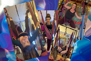 Four collage-style photos of the author, a middle aged white woman, exercising on a yoga frame.