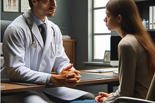 A serious-looking doctor apparently delivering bad news to a worried patient